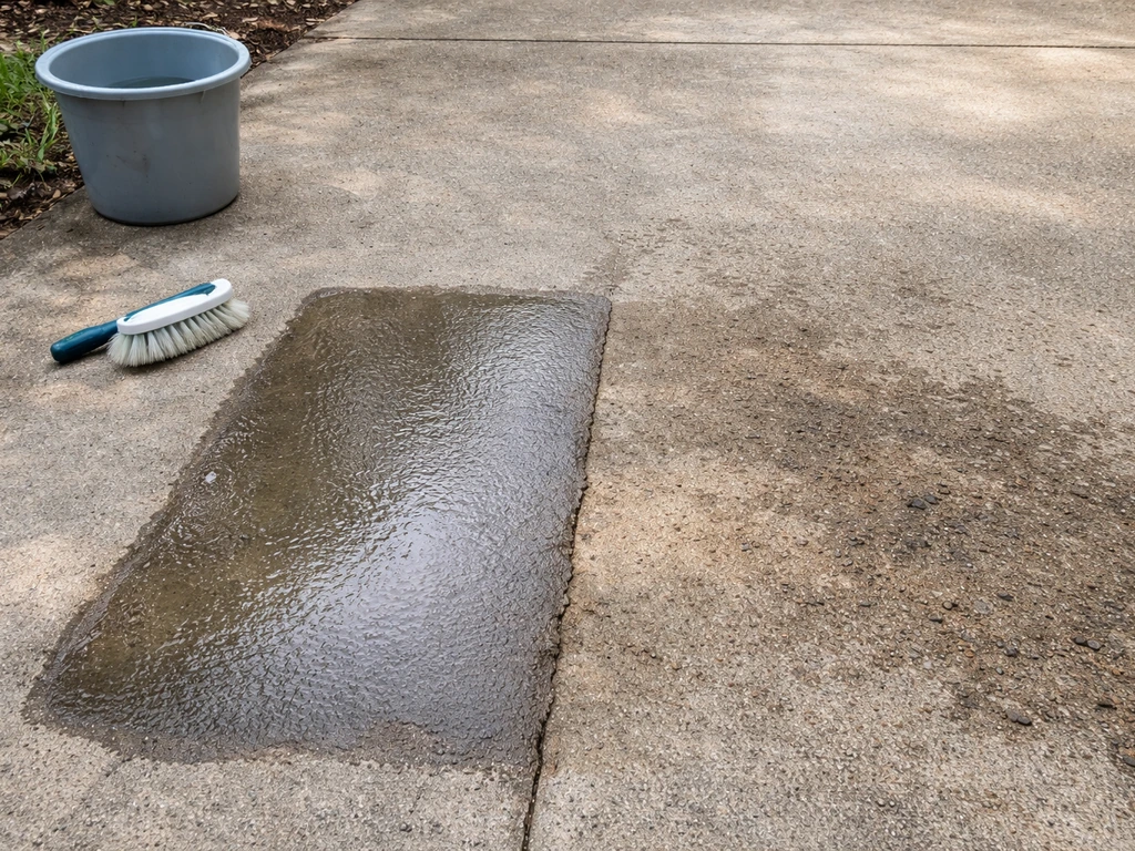 Stained concrete slab showing a small treated test patch next to an untreated section with wet solution sheen.