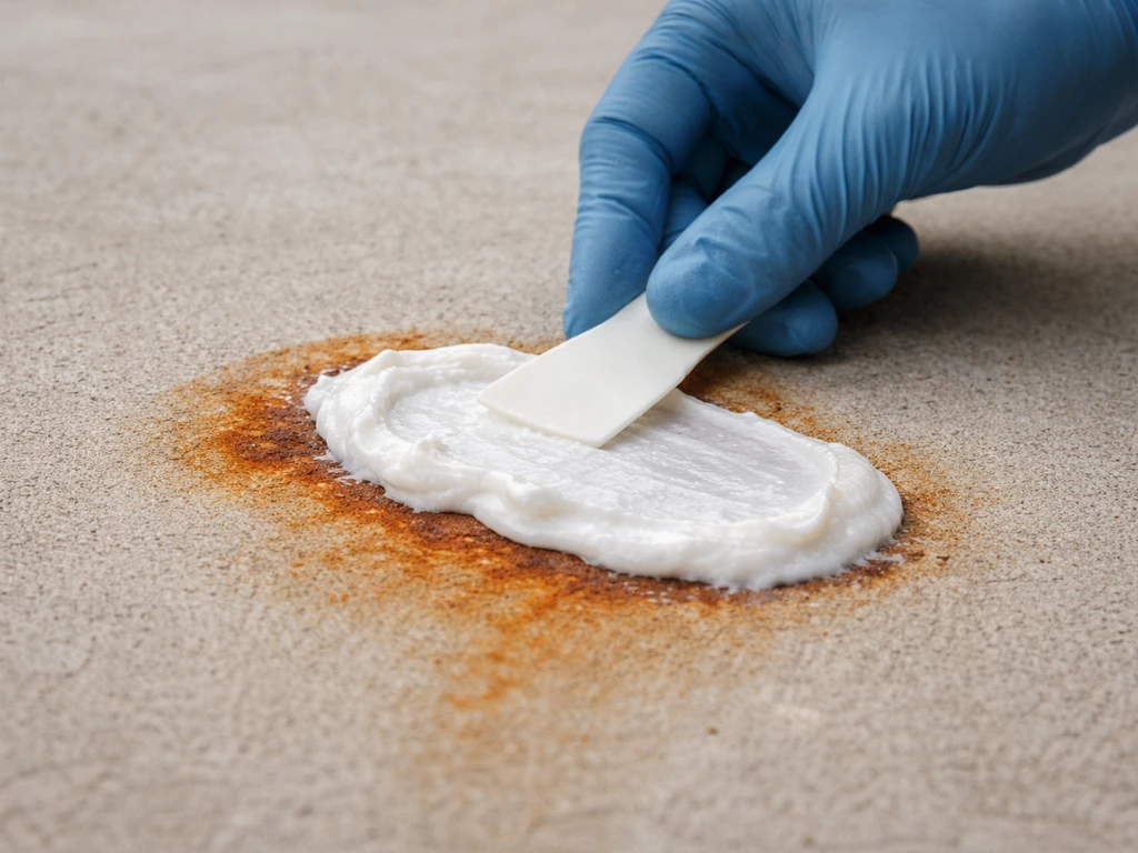 Gloved hands spreading oxalic-acid paste over an orange rust stain on concrete