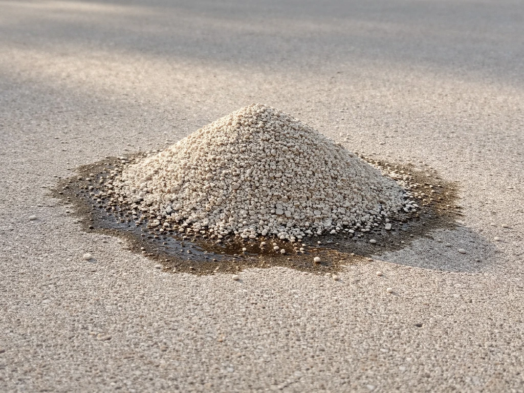 Cat litter piled on a fresh oil spot atop patio concrete for stain absorption.