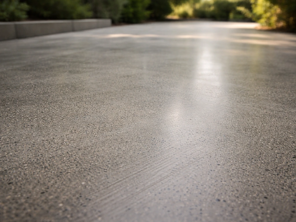 Close-up of a polished concrete patio surface with smooth satin sheen and subtle aggregate texture.