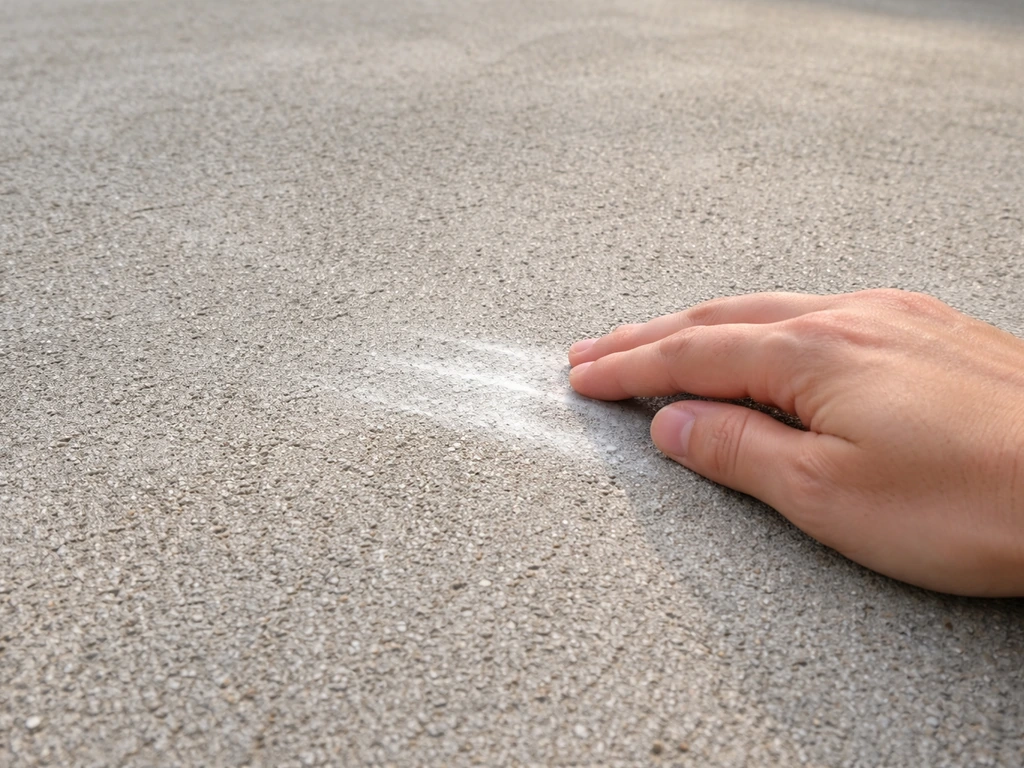 Close-up of a hand swiping over a concrete patio, showing chalky powdery laitance on the surface.