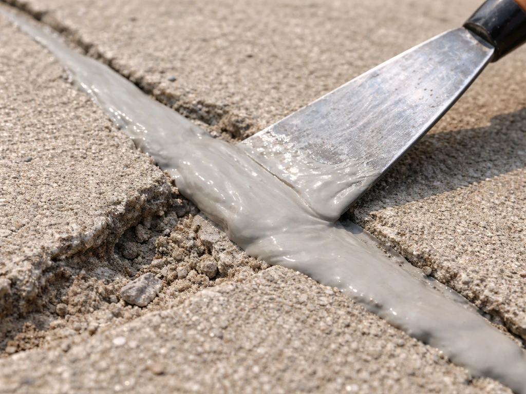 Concrete crack and hole being filled with polyurethane/epoxy filler using a putty knife