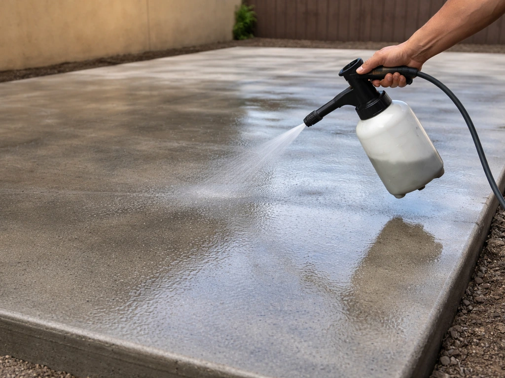 Silica densifier being applied to a patio with a handheld sprayer after mid-fine grinding, concrete wet and darkened.