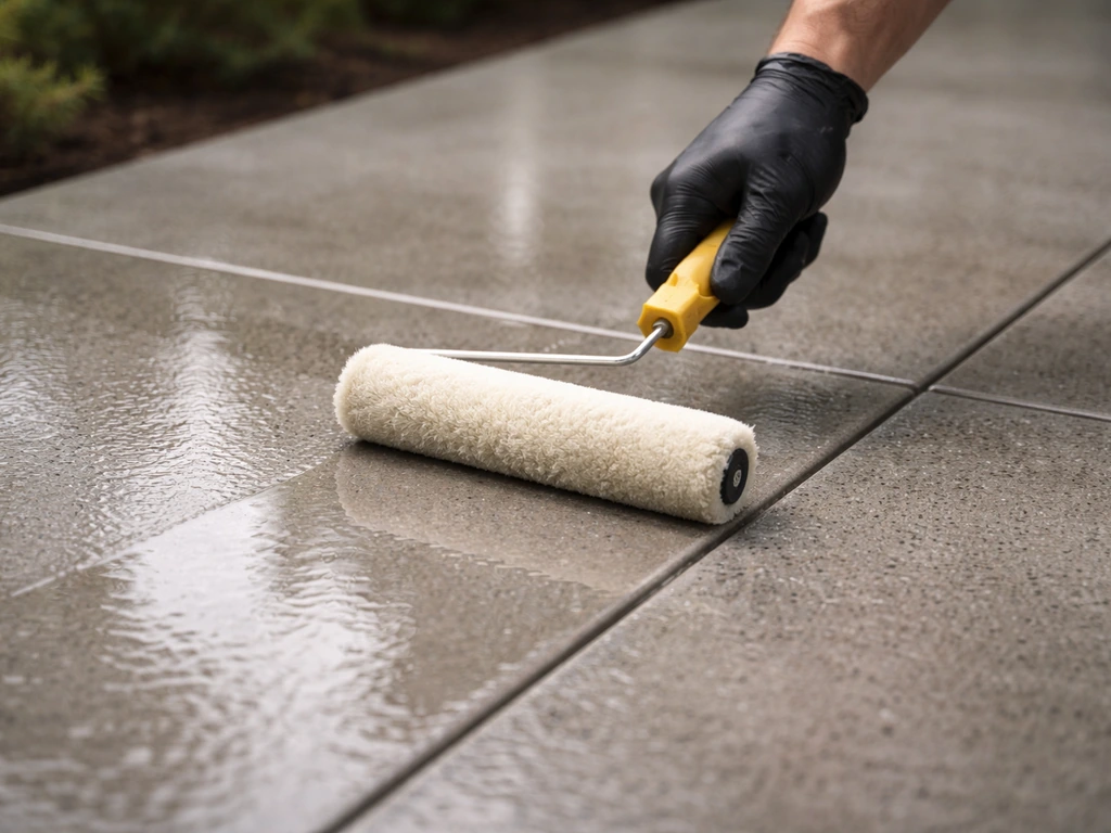 Gloved hands roller-applying penetrating sealer to a polished outdoor concrete patio with even wet coverage.