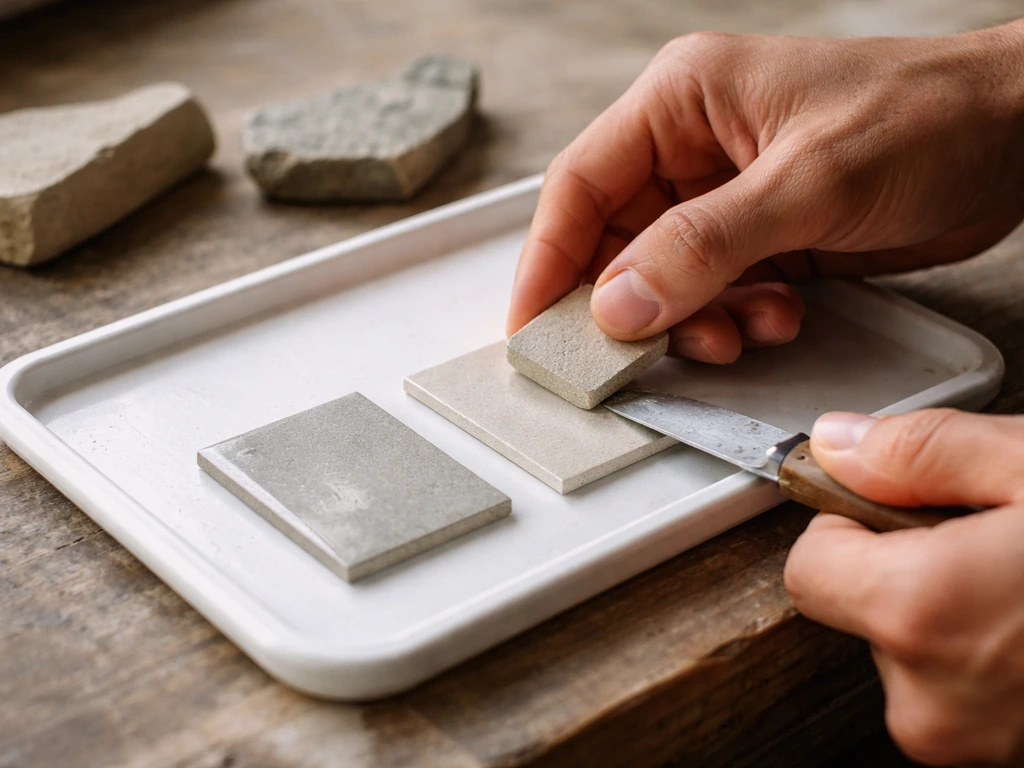 Anonymous hands testing paint and slab material with sample swatches, scraper, and stone fragments.