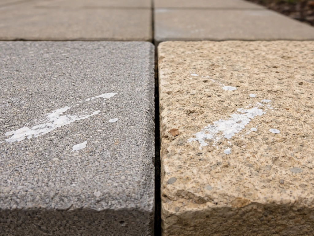 Side-by-side concrete paver and porous natural stone showing dried paint sticking differently.