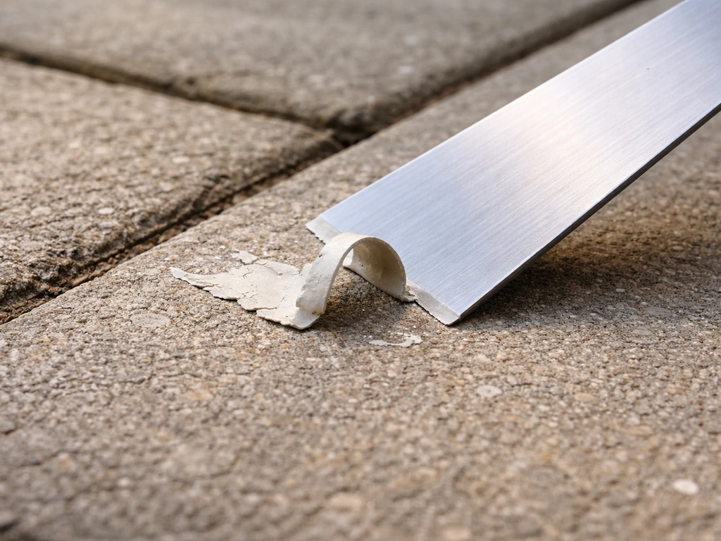 Close-up of a stiff scraper lifting hardened paint film from patio slabs at a low angle