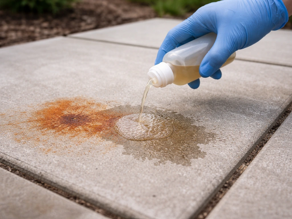 Patio concrete slab with visible rust stains being treated with a cleaning solution