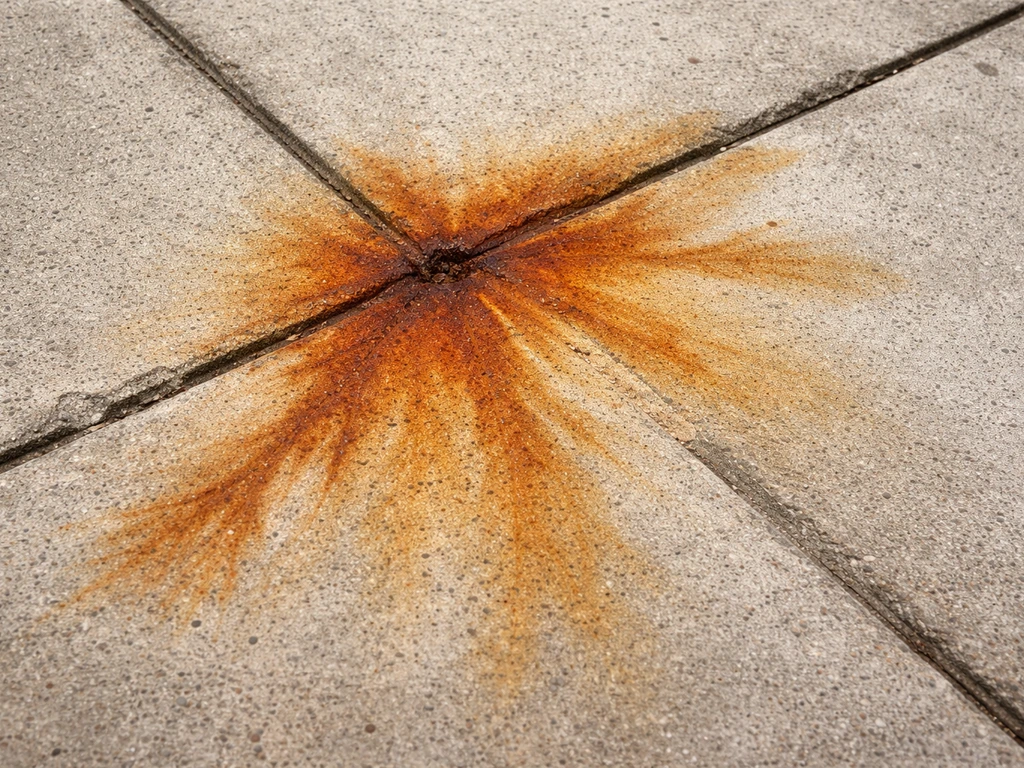 Close-up patio slab rust stains with orange-brown discoloration and irregular fan-shaped edges.