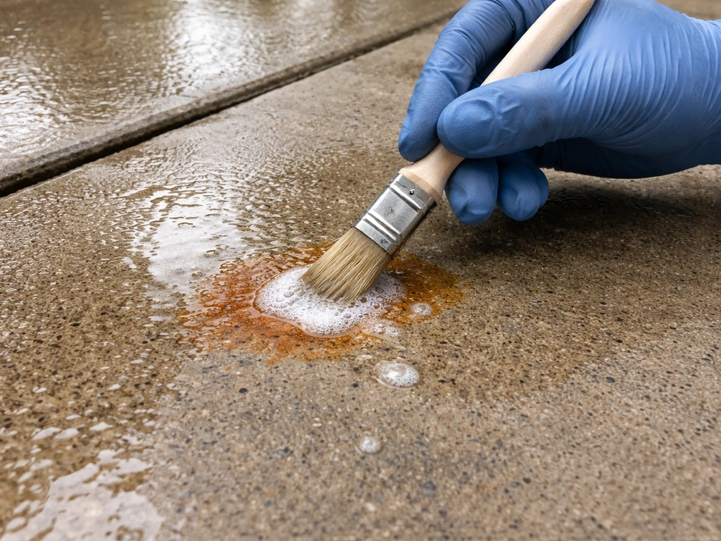 Hands applying an oxalic acid solution with a brush onto a pre-wet rust stain on a concrete slab.