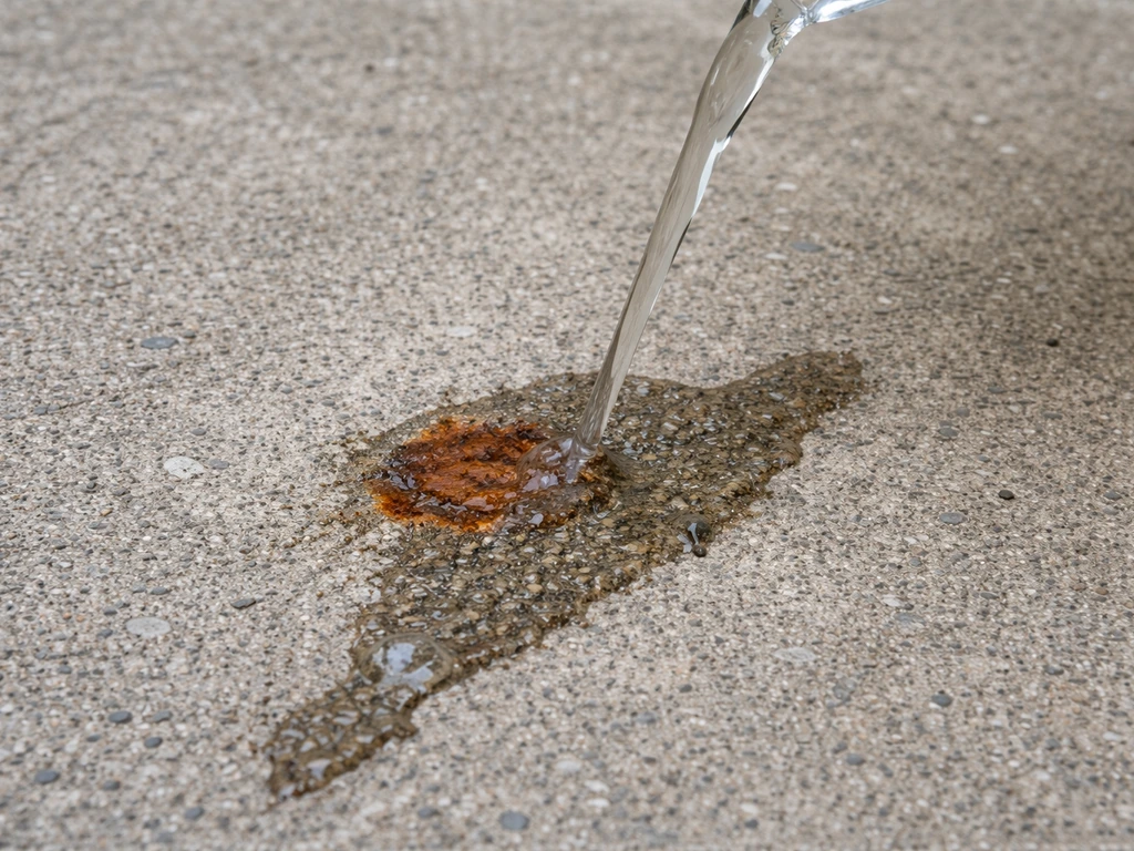 Clear white vinegar poured onto a small light rust stain on rough gray concrete.