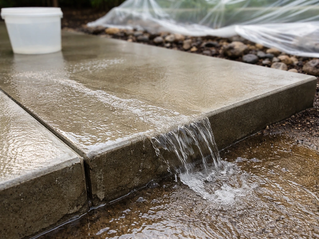Concrete patio slab rinsed with running water, with nearby plastic protection and out-of-focus rinse container
