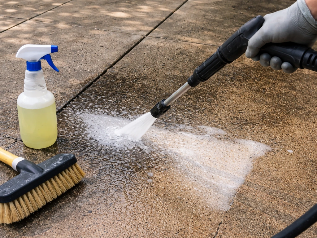 Pressure washer wand cleaning a grimy patio section, darker stains around and a lighter freshly cleaned area.