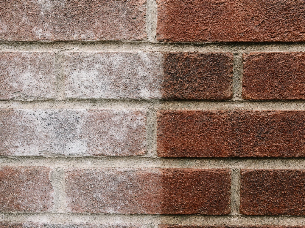 Close-up of chalky white calcium deposits on masonry beside a freshly cleaned patch showing clear contrast.