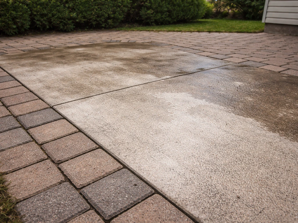 Cleaned and still-dirty patio concrete/pavers showing uneven dullness before sealing.
