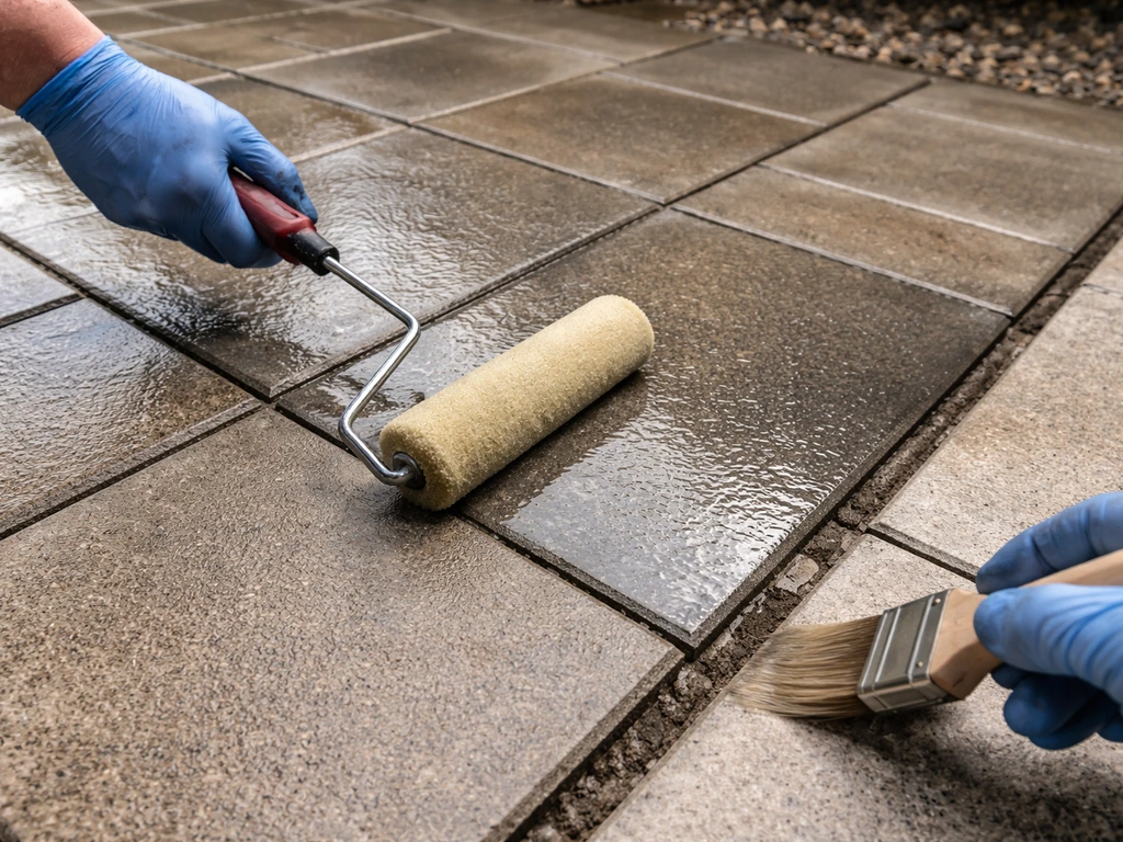 Patio paver surface being sealed with a roller and brush, wet-look sheen near a border edge