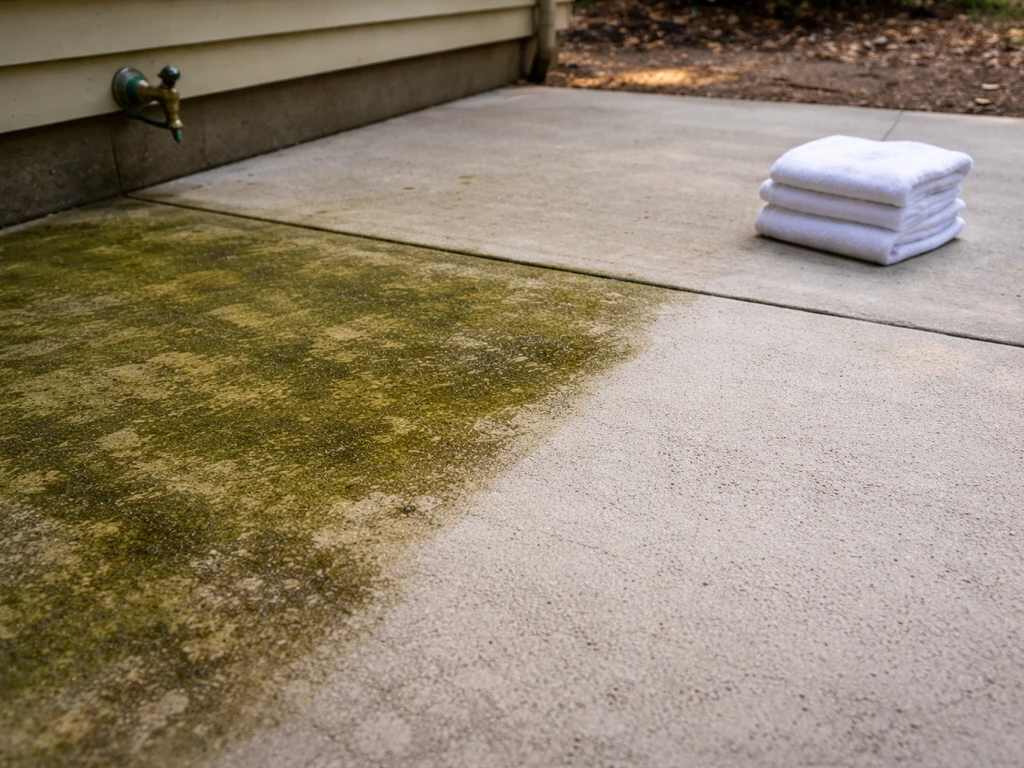 Concrete patio with green algae patches and a freshly scrubbed cleaner section