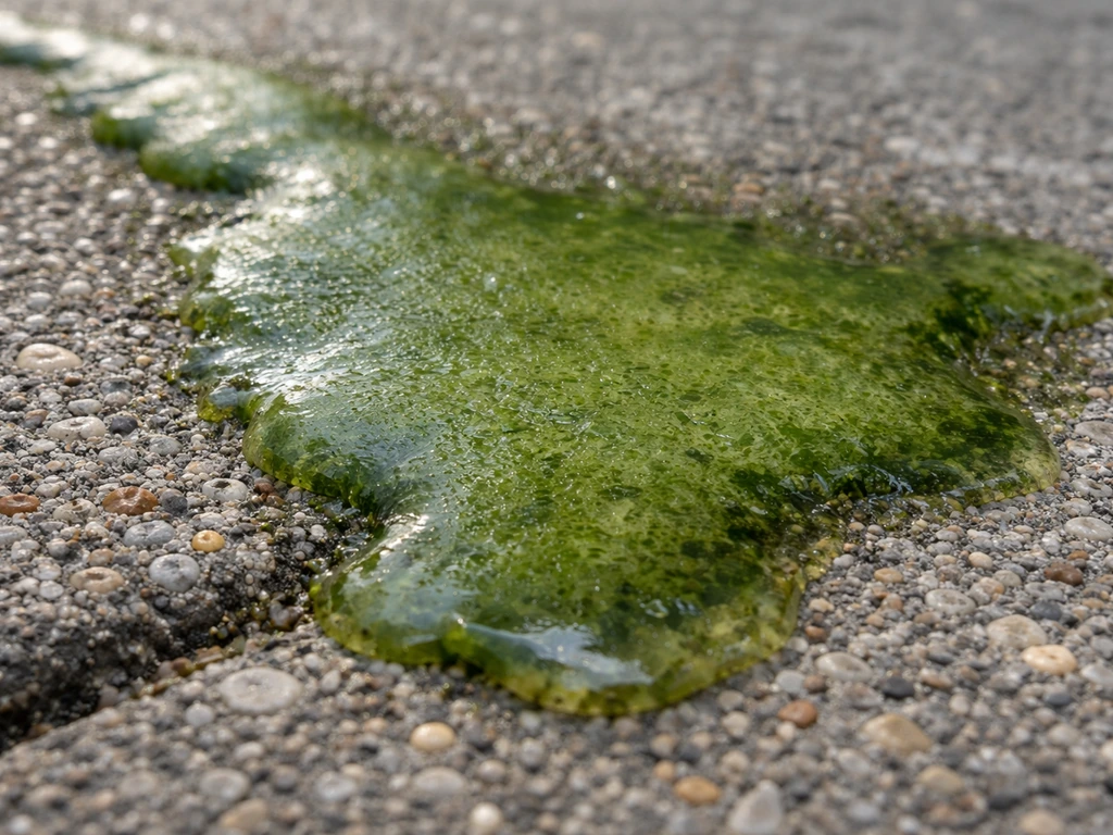 Close-up of green growth on gray concrete patio with visible texture and sheen.