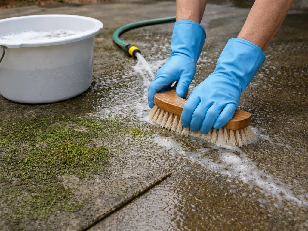 Gloved hands scrubbing green mold on a concrete patio with a stiff brush while hose rinses.