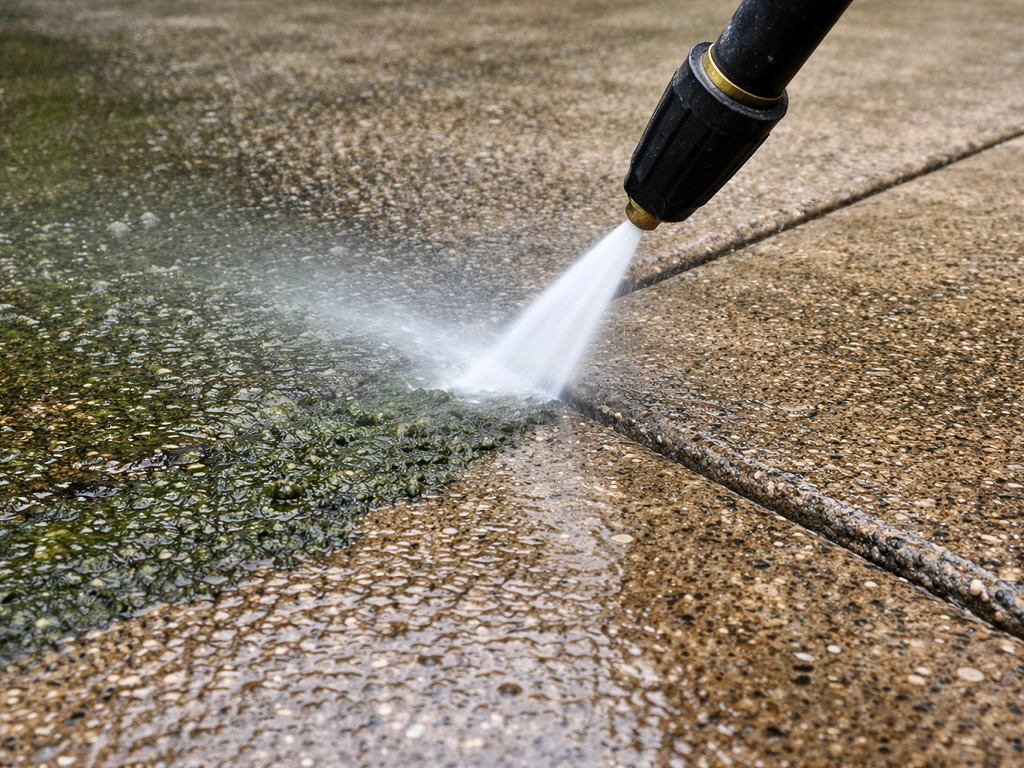 Narrow nozzle pressure washer blasting embedded algae from rough concrete patio