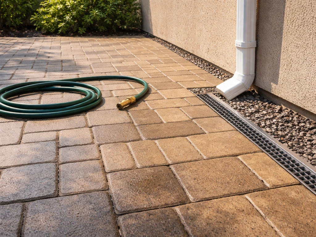 Sunlit patio with clear drainage weep holes and water directed away to prevent mold returning.