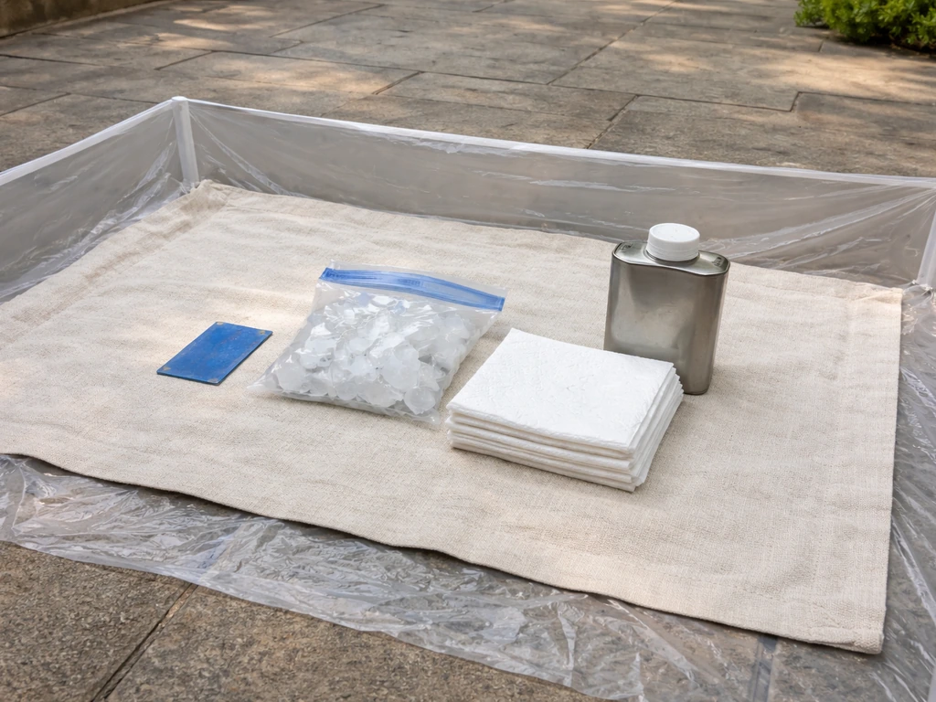 Safe patio wax-removal tools laid out: plastic scraper, ice bag, white towels/rags, mineral spirits, protective sheet.