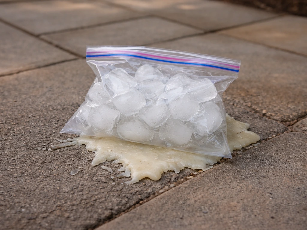 Ice-filled zip-lock bag held over crusted candle wax on a patio, showing brittle hardened texture.