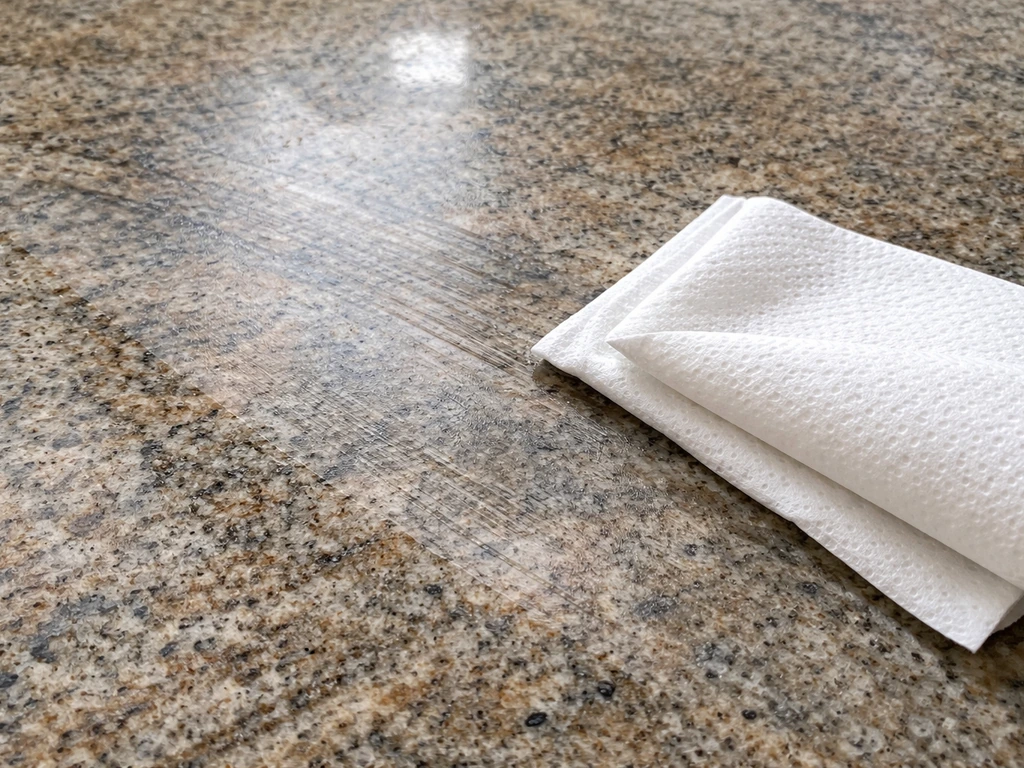 Close-up of hazy oily wax residue on stone with a paper towel wiping it away.