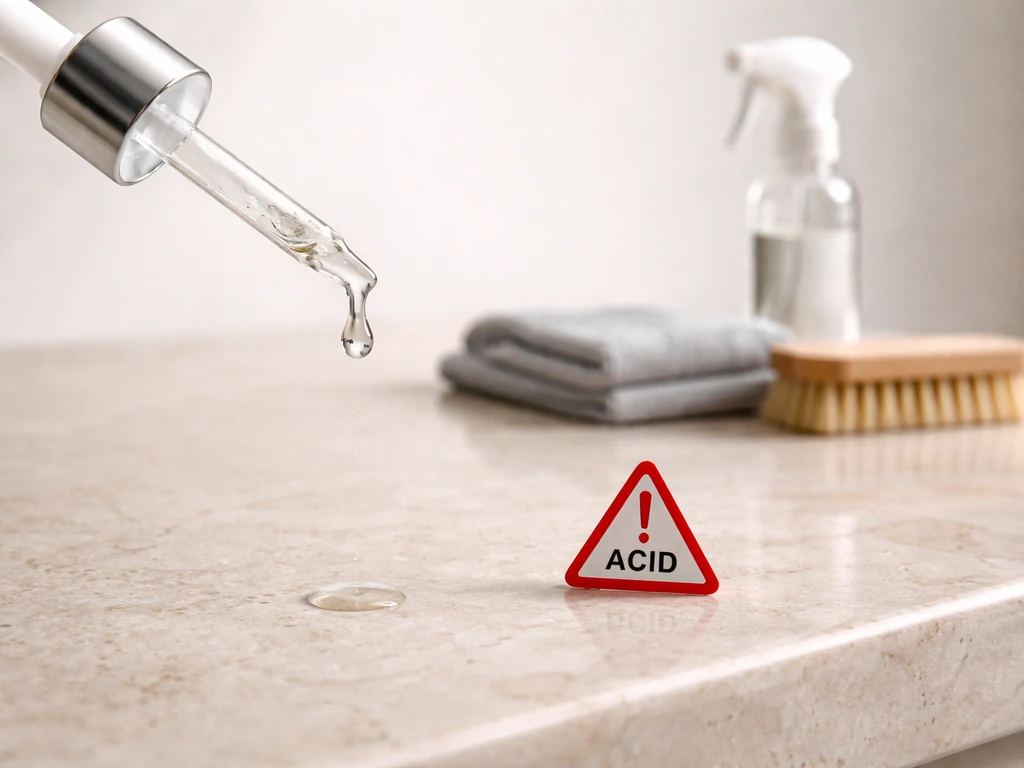 Droplet of clear acid liquid near stone with separate safe water spray bottle and microfiber cloth.