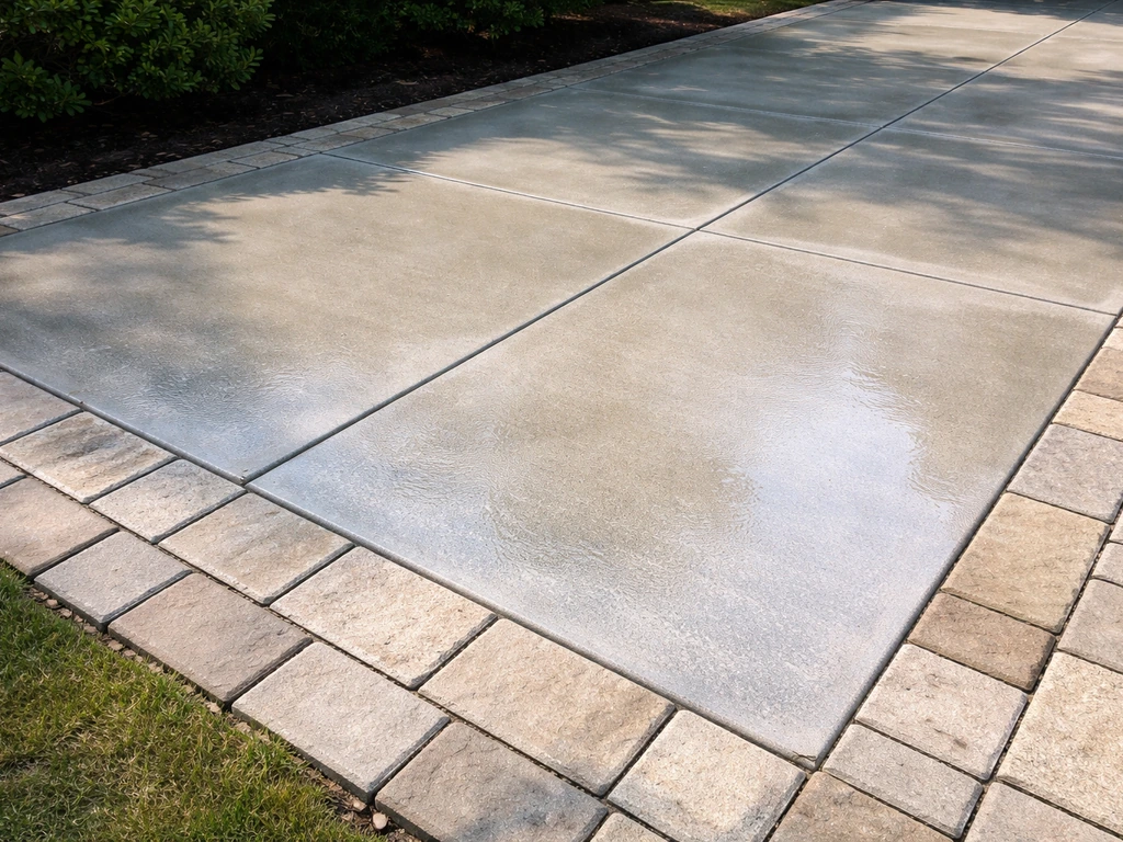 Bright, newly cleaned and sealed patio slabs with faint stain contrast, outdoor like-new concrete finish.