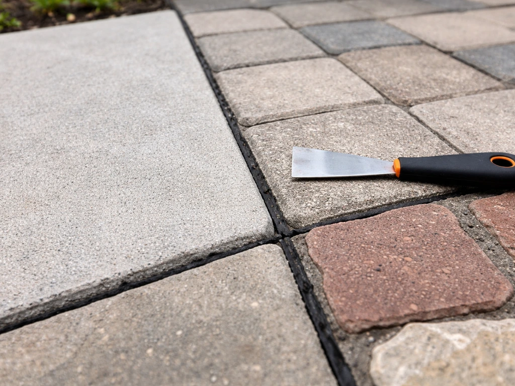 Close-up of patio concrete, pavers, brick/stone textures with an expansion joint and a small tool nearby.
