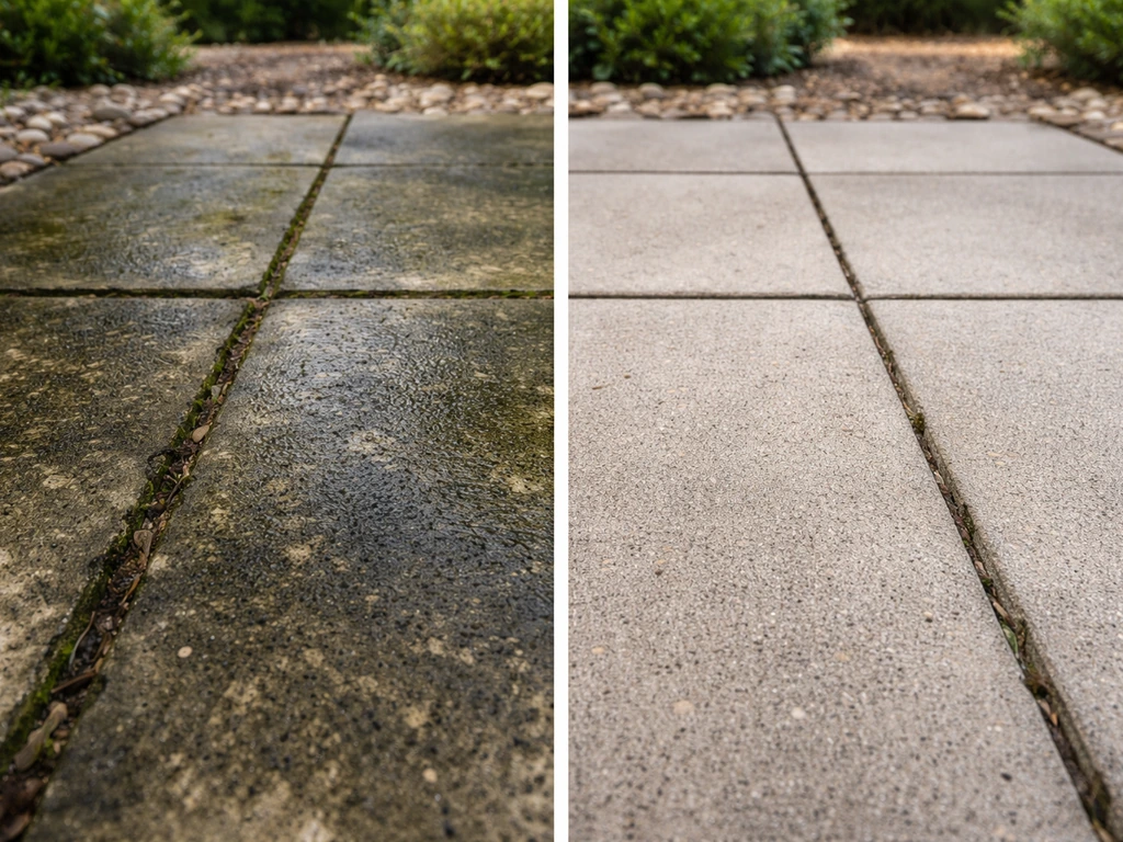 Patio slabs with dark green/black slippery algae stains in a minimal before-after style scene.