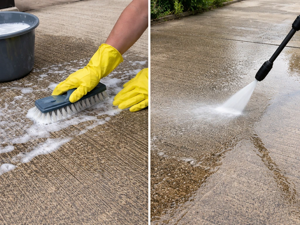 Side-by-side view of manual scrubbing with a brush and pressure washing on concrete.