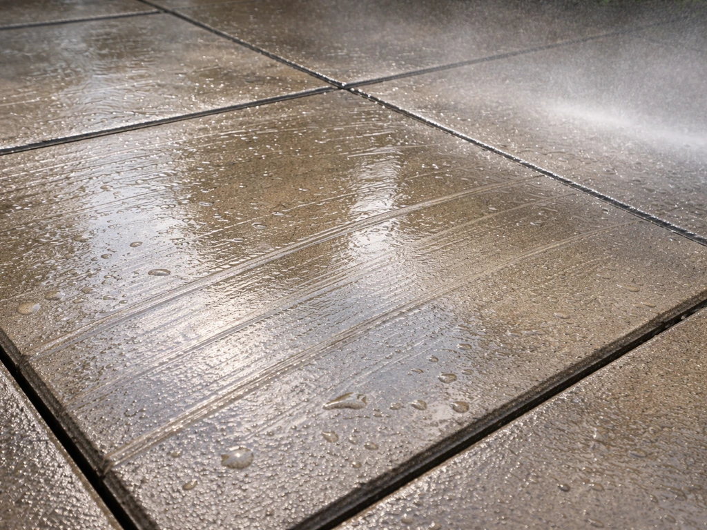 Close-up concrete paver surface with visible rinse streaks and air-dry droplets before sealing