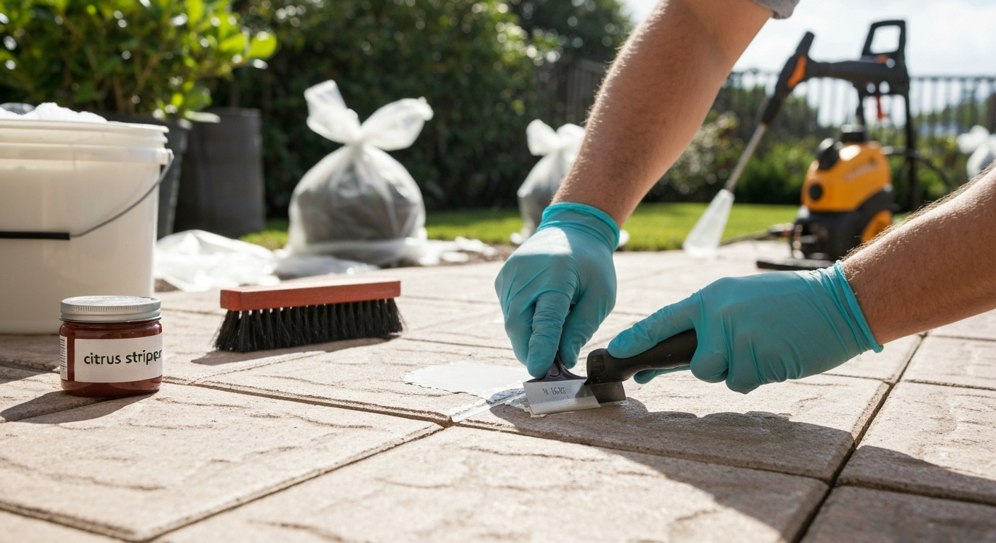 Close-up of gloved hands scraping paint from a textured concrete patio tile, with brush, citrus stripper jar, bucket of soapy water and protected plants visible in the background.