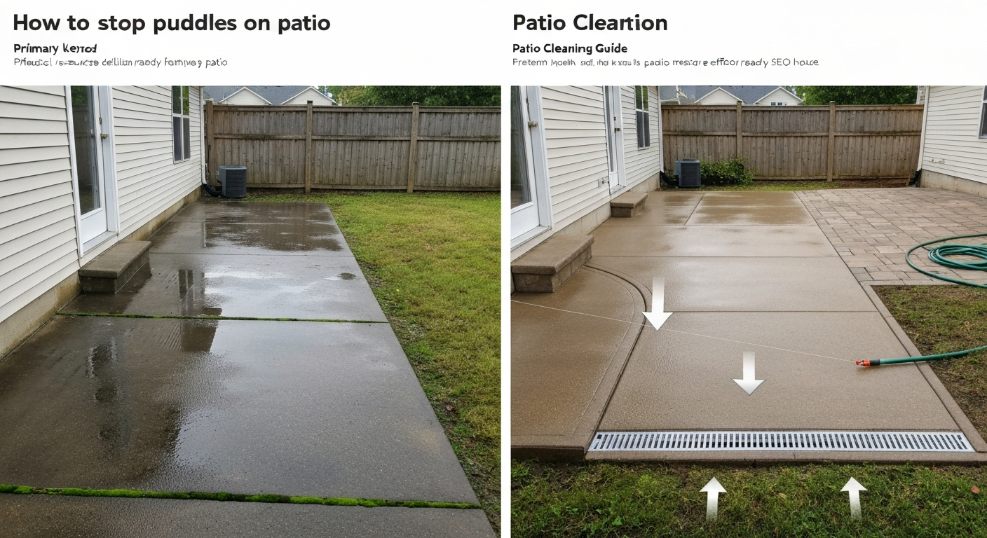 Split-view photo: left shows puddled patio sloping toward house; right shows corrected patio with slope and channel drain directing water away.