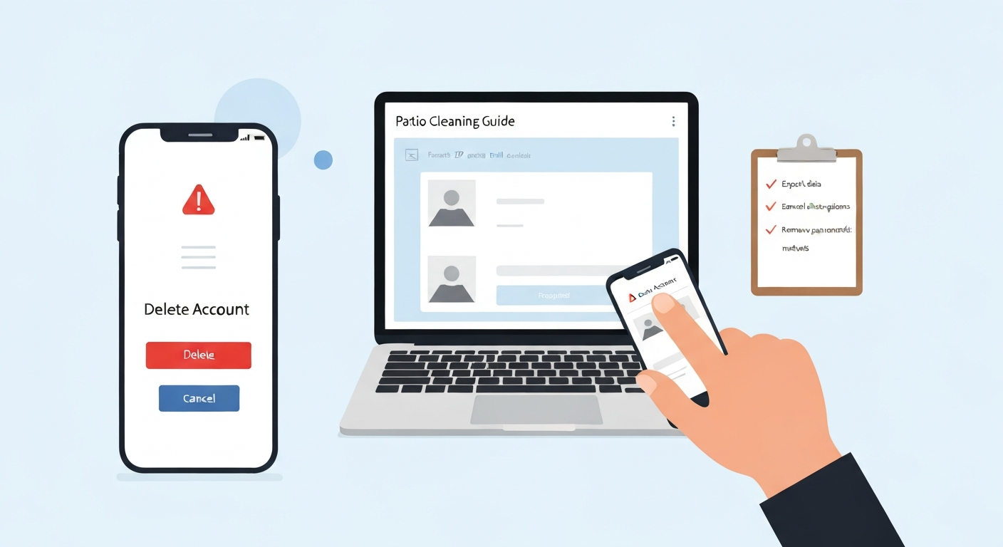 Illustration of a phone showing a 'Delete Account' confirmation, a laptop with a download link for a ZIP of photos, and a checklist with items like 'Export data' and 'Cancel subscriptions'.