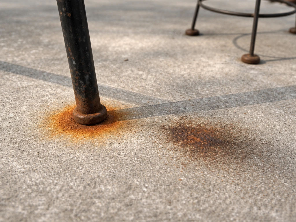 Rusty metal furniture leg and planter hardware on a concrete patio, showing fresh orange vs set-in dark stains.