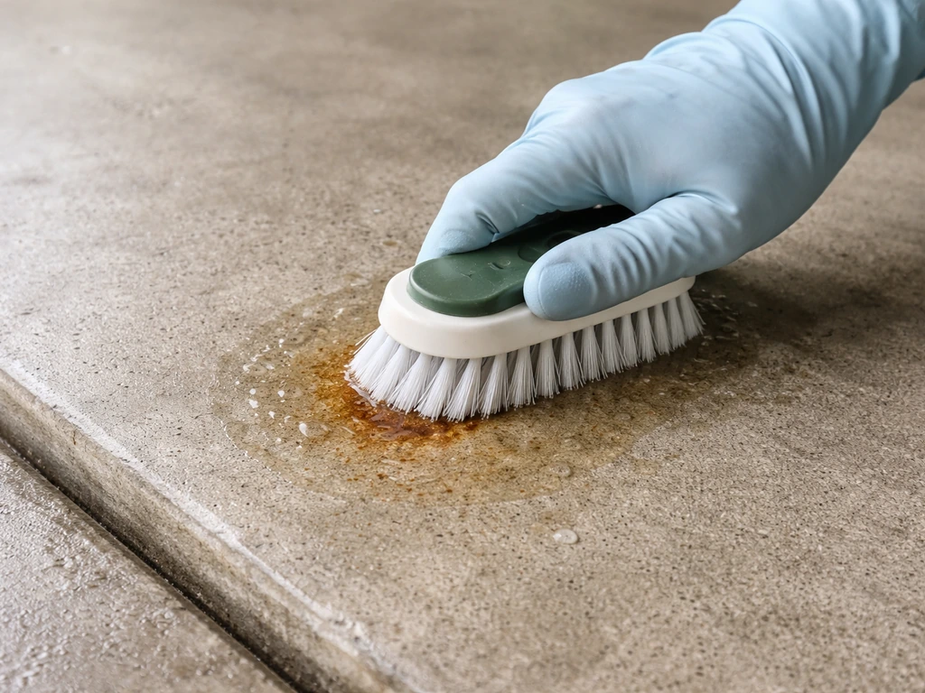 Gloved hand scrubbing a fresh light rust stain on concrete with a stiff brush and citric acid solution.