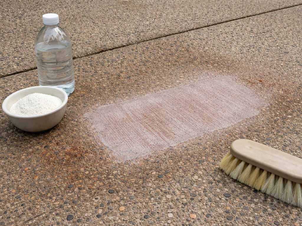 Oxalic-acid powder mixed and applied to concrete, with rust stain lifted on a treated patch.