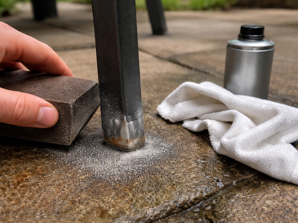 Patio metal furniture hardware being sanded and prepped to prevent rust from returning.
