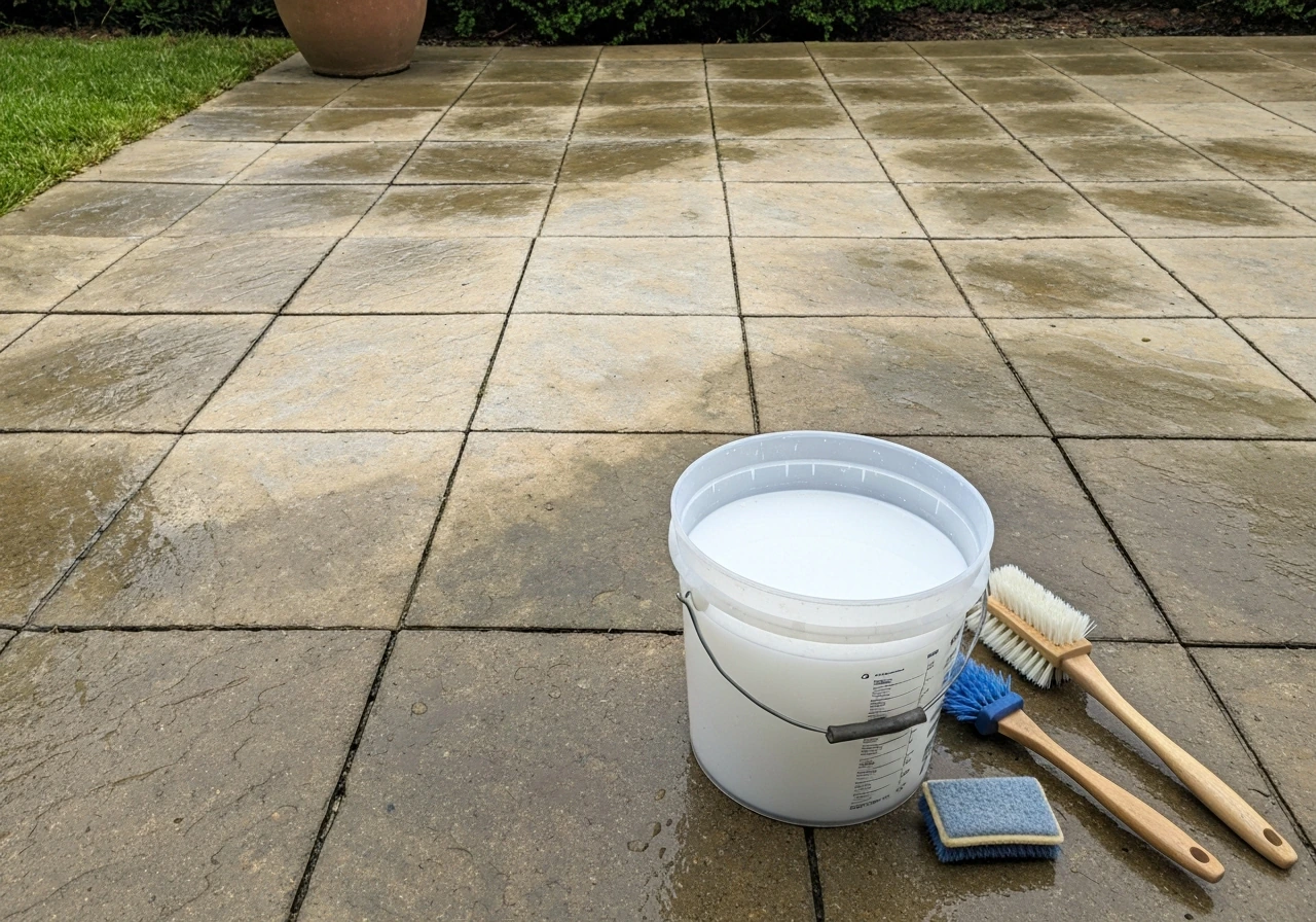 Clean patio slab with algae stains removed, bleach bucket and cleaning tools in foreground