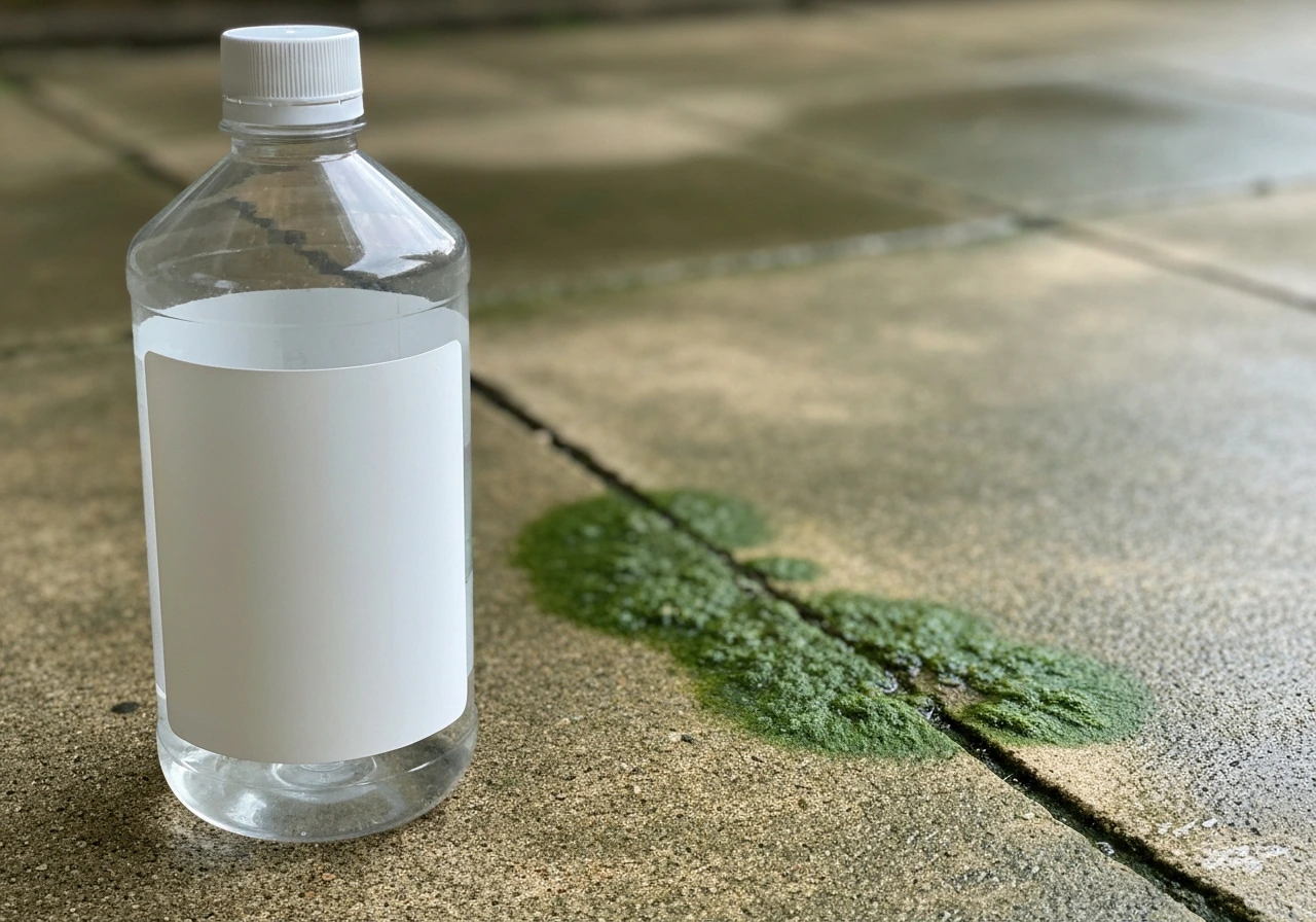 Close-up of a household bleach bottle beside green algae-stained patio concrete.