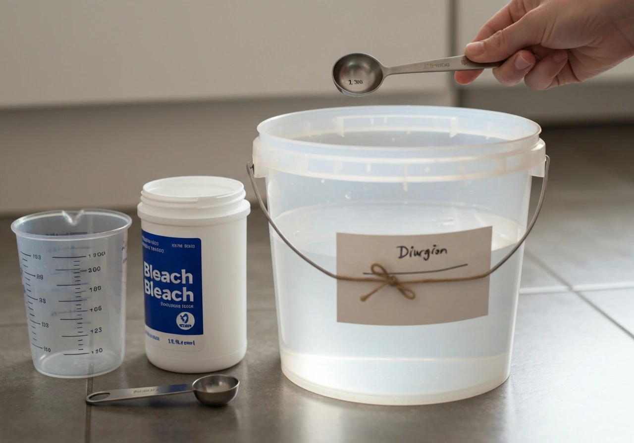Close-up of a measuring spoon and room-temperature water in a bucket for safe bleach dilution.