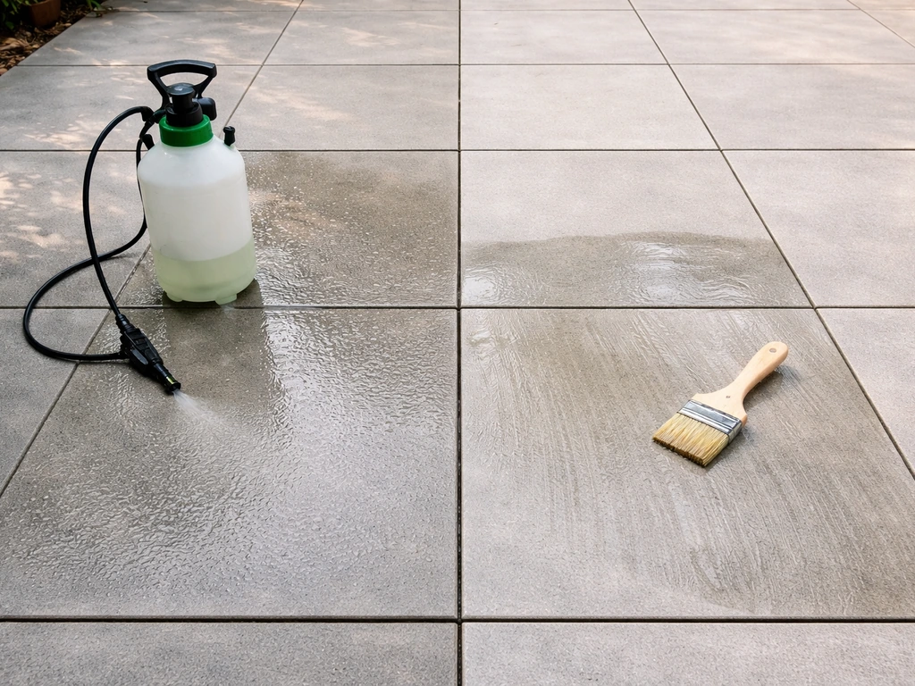 Patio split into two sections: freshly sprayed bleach on one side and brushed bleach on the other.