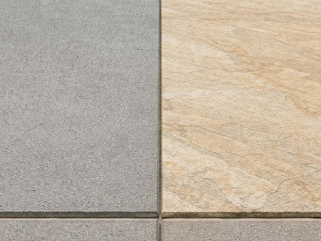 Side-by-side patio slabs: clean gray concrete next to porous natural stone with visible veining.