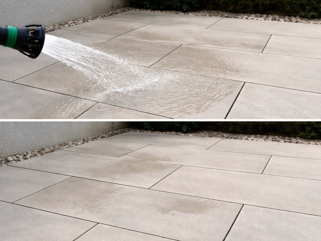 Garden hose rinsing a cleaned patio section with runoff, leaving no white streaks as it dries.