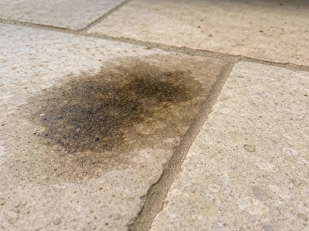 Close-up of a limestone patio with a visible grease stain next to a clean section in natural light.