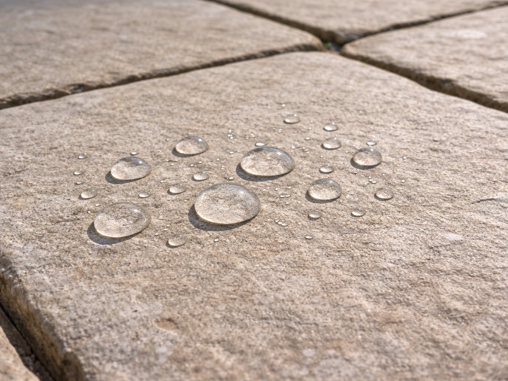 Water beads on a sealed limestone patio after a small splash test.