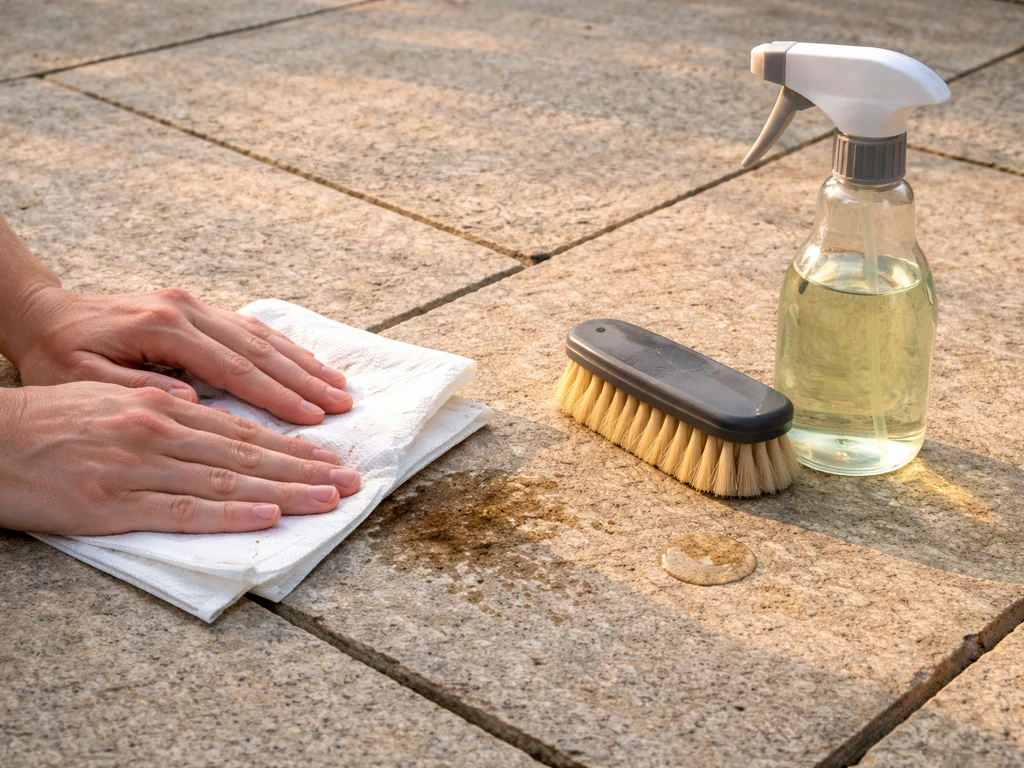 Hands blot fresh grease on a limestone patio with paper towels; pH-neutral degreaser and scrub brush nearby.